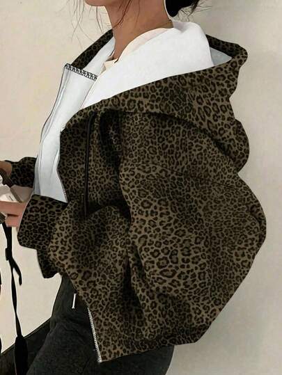 INAWLY Plus Size Women Leopard Print Sweatshirt, Brown, Casual Outerwear, Zip-Sweatshirtgan Jacket With Wild Leopard Pattern, Suitable For Autumn, Teachers, Back To School, Graduation, Daily Wear
