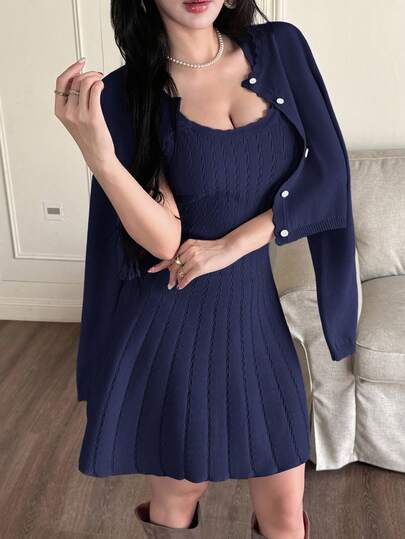 Feyla 2pcs Women's Oversized Knit Dress & Cardigan Set, Autumn/Winter Sweater Dress Suit