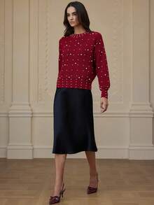 BELROSIE Beaded Lantern Sleeve Pullover Sweater - Red - View 5