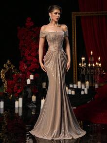 Glamrae Elegant Brown Luxurious Sequin Lace Patchwork Off-Shoulder Mermaid Hem Adjustable Tie Dress, Suitable For Dates, Vacations, Singles Parties, Weddings, Formal Occasions - Brown - View 8