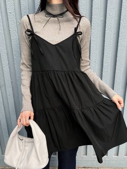 FRIFUL Women's Plaid Strap Bowknot Crisscross A-Line Layered Patchwork Casual Tank Top, Autumn