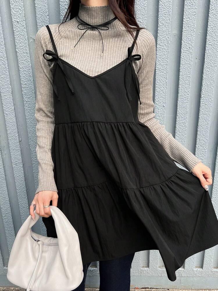 FRIFUL 女士格子吊带蝴蝶结交叉A字拼接休闲背心，秋季 - 黑色 - 查看 1