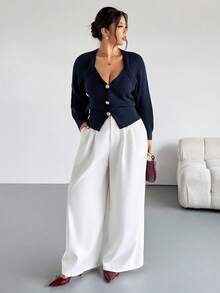 Firerie Plus Size Solid Color Front Button Long Sleeve Casual Knit Cardigan In Fall/Winter Navy Blue Old Money Office - Navy Blue - View 5
