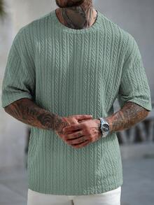 Manfinity CasualCool 男士休闲纯色纹理短袖T恤，夏季男士针织上衣针织衫男士休闲上衣男士时尚上衣 - 綠色 - 查看 6