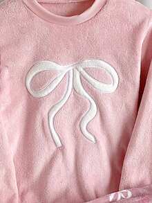 Genkimix Kids 2件套少女刺绣蝴蝶结爱心装饰法兰绒圆领长袖上衣和裤子睡衣套装
