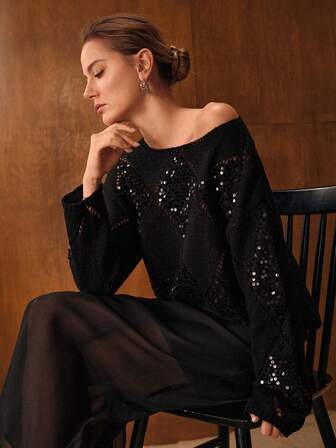 MOTF PREMIUM ELEGANT PARTY SEQUIN DETAIL POINTELLE KNIT BOAT NECK SWEATER, AUTUMN/WINTER