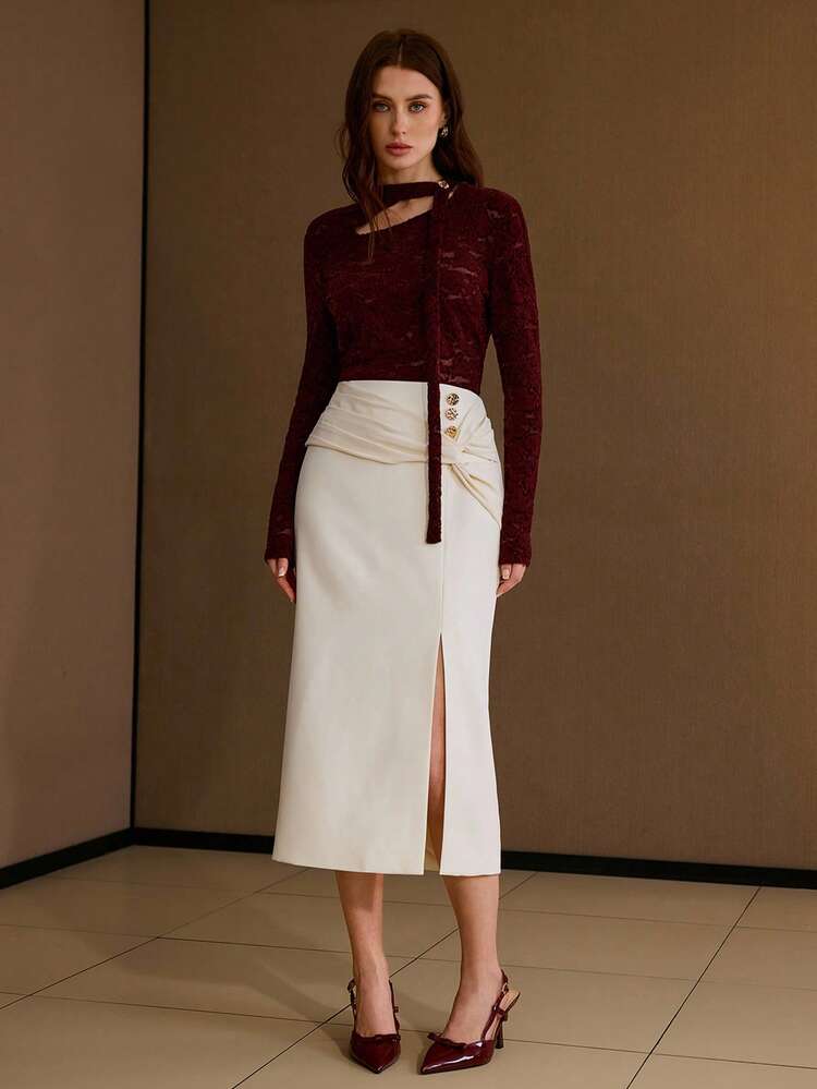 女性用無地ツイストノットスペシャルボタンデコレーション フィッテッド エレガントなタウンユース 多用途スカート