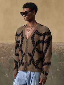 AKNOTIC 男士休闲时尚 - 宽松纽扣开襟毛衣 - 对比提花图案 - 可机洗或干洗 - 适合秋冬季穿着 - 咖啡棕 - 查看 6