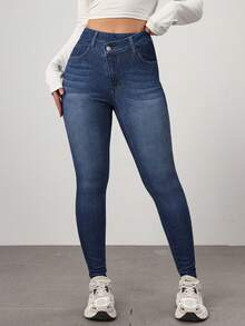 Flexra 女式休闲水洗不对称腰部修身牛仔裤 - 藍色 - 查看 7