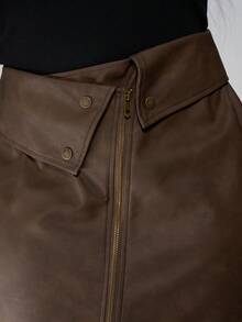 SHEIN PETITE CURVE Plus Size Retro American Style PU Leather A-Line Mini Skirt, High Waist Slimming Design, Suitable For Petite Women, Autumn/Winter - Brown - View 4