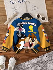LOONEY TUNES X SHEIN Baby Boy Casual Colorblock Letter & Cartoon Graphic Crew Neck Sweatshirt, Autumn