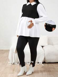 SHEIN 秋季服装，秋季孕妇装，孕妇加大码两件套，长袖上衣搭配可调节腰裤，休闲套装，加大码套装，打底裤，加大码女装，时尚加大码，加大码打底裤，加大码紧身裤，加大码女装两件套，曲线加大码，加大码套装，开衩打底裤，女士打底裤 - 黑與白 - 查看 10