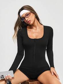 Eassivo Eassivo Women's Black Long Sleeve Zip Front Bodycon Romper,Summer Stretchy Slim Fit Shorts Jumpsuit,Athleisure Yoga Activewear For Gym,Workout,Casual Fashion - Black - View 7