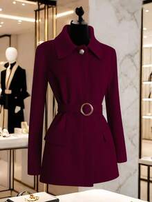 GlowEve 女士翻领系带优雅休闲街头通勤商务浪漫约会派对圣诞节外套，酒红色，秋冬款 - 酒紅色 - 查看 6