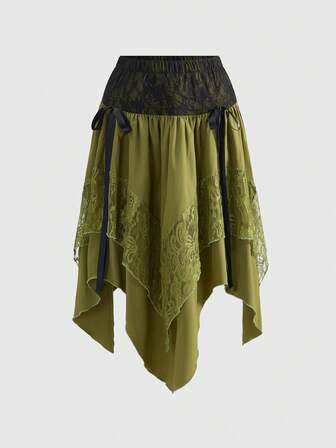 Fairycore Mori Kei Vintage Mori Stil Fairy Core asymmetrischer Saum eleganter Wald Swing Kontrast Spitze Große Größen A-Linien Rock, Frauen Herbst Wald Urlaub Picknick Große Größen Rock, Eleganter Frauen Große Größen Herbst/Winter Rock, Fairy Rock