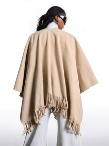 LYSMO Áo khoác Poncho quấn tua rua dáng rộng cho nữ cỡ lớn mùa thu/đông - Lạc đà - Xem 2