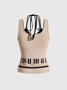 ROMWE Grunge Punk Y2K 坏女孩朋克钢琴音符元素印花女士吊带背心 - 卡其色 - 查看 2