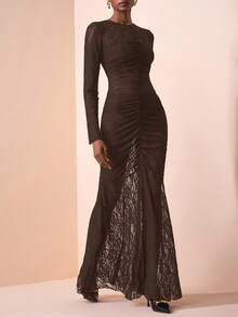 Zivah 2025 春夏新品 音乐节、复活节、圣帕特里克节、西部风、游牧风、生日派对、毕业典礼、学院风、学生风、日常休闲、基本百搭、休闲、邮轮旅行、海滩、日光浴、网络红、街头服饰、婚礼宾客波西米亚风、通勤、早午餐、机场、女士黑色蕾丝半透明长袖褶饰鱼尾长裙 - 棕色 - 查看 5