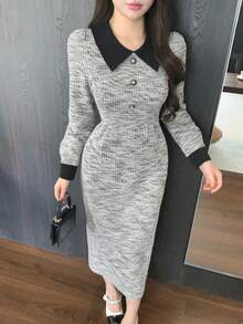 DAZY Váy dài vừa phải cổ bẻ phối màu thanh lịch dành cho nữ, mùa thu - Xám - Xem 7