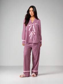 MISSGUIDED 条纹长袖睡衣套装，前系带设计，居家休闲舒适 - 粉色 - 查看 4