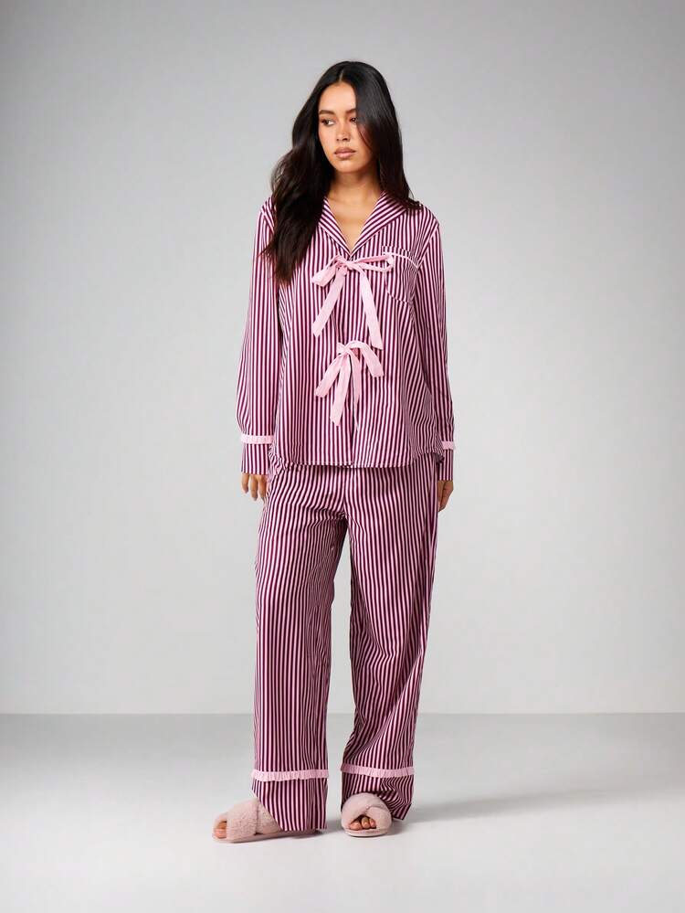 MISSGUIDED Conjunto de pijama de manga larga a rayas con lazo delantero para comodidad en el descanso - Rosa - Añade 4