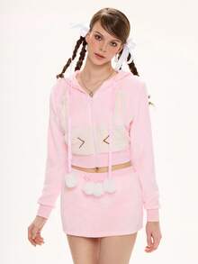 ROMWE Kawaii Women's Cute Rabbit Ear Plush Patchwork Contrast Color Fabric Rabbit Tail 2 Pieces Set - Pink - View 4