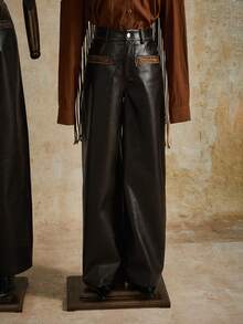 Anewsta Petite Women's Elegant & Fashionable Leather Pants, Autumn/Winter - Black - View 8