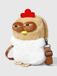 ROMWE Kawaii 可爱咯咯鸡毛绒斜跨包可爱小收纳包手机包个性零钱包卡通公仔单肩包舞会派对纸巾口红收纳袋生日礼物 - 白棕色 - 查看 2