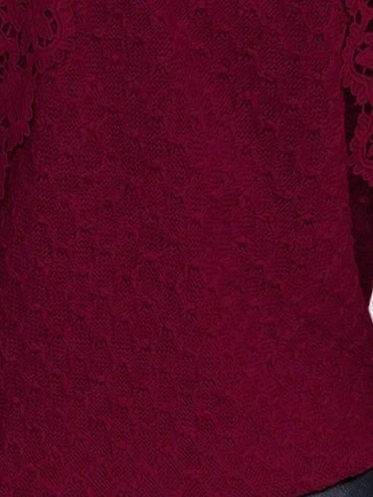 EMERY ROSE Burgundy Women's Elegant Autumn Long Sleeve Sweater,Contrast Lace Hollow Out Design Top For Night Out,Wine Red Winter Knit Top - Burgundy - View 7
