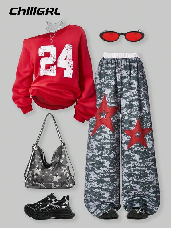 SHEIN Teen Girls' Colorblock Numeric Print Long Sleeve Sweatshirt And Loose Camo Star Print Pants Set, Stylish Casual Outfit, Spring/Autumn
