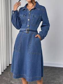 Elenzga Women's Solid Color Casual Long Sleeve Denim Dress - Blue - View 1