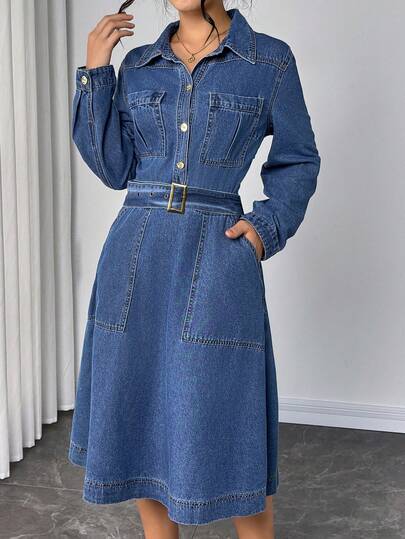Elenzga Women's Solid Color Casual Long Sleeve Denim Dress