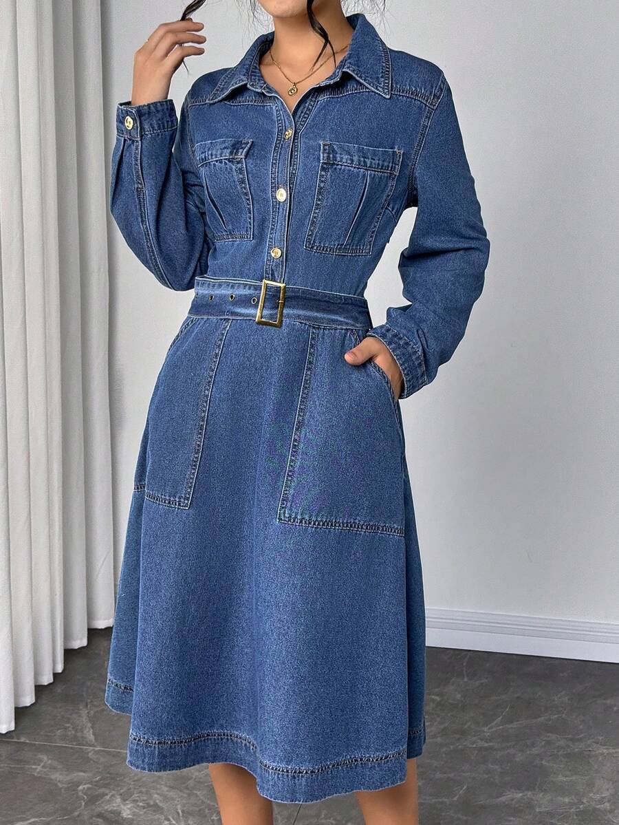 Elenzga Women's Solid Color Casual Long Sleeve Denim Dress - Blue - View 1