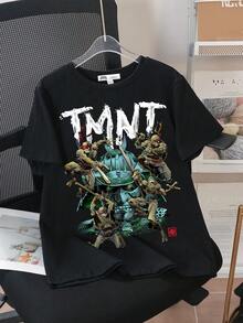 TEENAGE MUTANT NINJA TURTLES | SHEIN Tween Boy Casual Cartoon Print Short Sleeve T-Shirt, Suitable For Summer - Black - View 1
