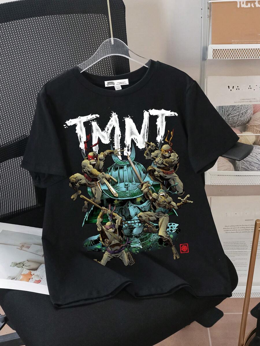 TEENAGE MUTANT NINJA TURTLES | SHEIN Tween Boy Casual Cartoon Print Short Sleeve T-Shirt, Suitable For Summer - Black - View 1