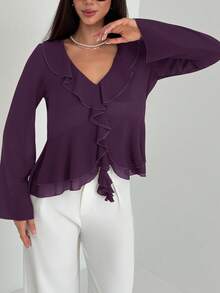 Aloruh 女士新款时尚通勤日常休闲波西米亚风荷叶边装饰深V领长袖修身衬衫 - 紫色 - 查看 6