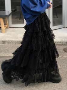 FRIFUL Women's Solid Color Elastic Waist Contrast Lace Pleated Skirt, Loose Casual Versatile Long Skirt, Autumn/Winter - Black - View 2