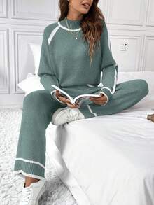 SHEIN LUNE Bộ 2 áo len màu tương phản rộng rãi thoải mái cho nữ - màu xanh lá - Xem 6