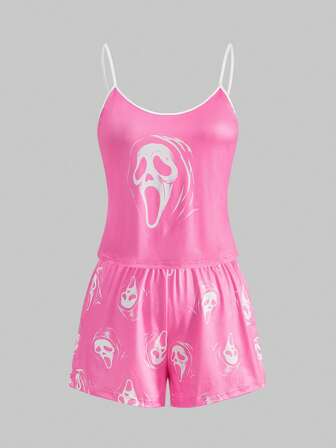 Goth Conjunto de pijama de camiseta de tirantes y pantalones cortos con estampado gótico de diablillo y contraste de tiras para mujer de talla grande