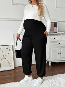 SHEIN 大码孕妇纯色休闲保暖裤 - 黑色 - 查看 6