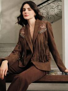 Anewsta 纯色麂皮绒拼接激光切割流苏图腾刺绣翻领H型长袖西装外套 - 咖啡棕 - 查看 5