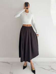 Siren Gaze 女士时尚通勤条纹百褶棕色长裙，端庄优雅长裙，冬季感恩节新年时尚棕色裙 - 咖啡棕 - 查看 1