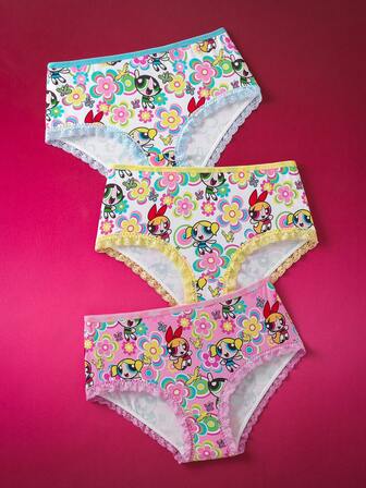 THE POWERPUFF GIRLS X SHEIN Große Größen Damen Kontrast Spitze Blüten, Blasen, Butterblumen Muster Unterhosen