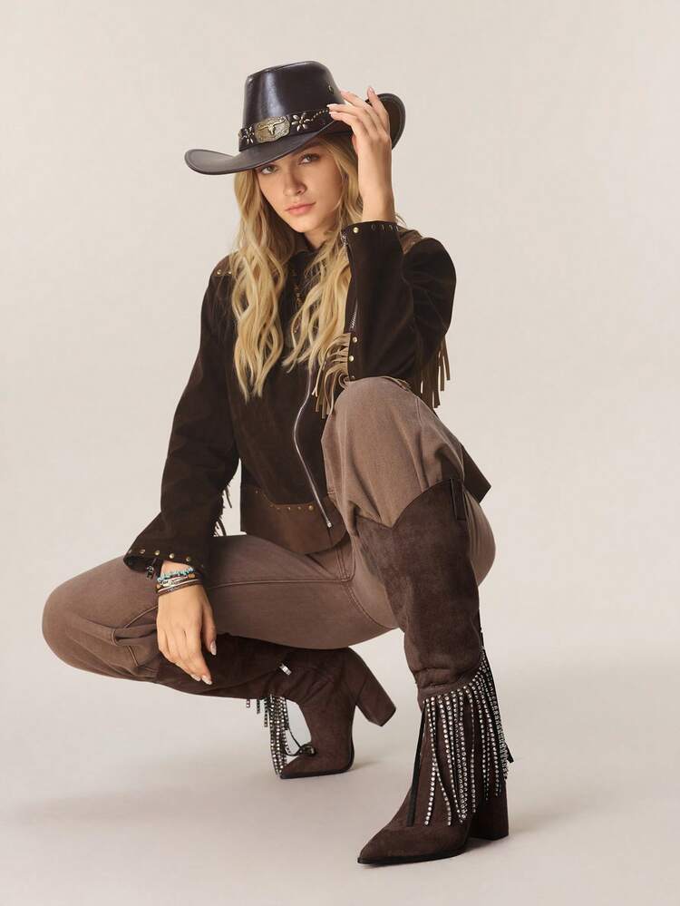 Styleloop Women's Sparkling Rhinestone Tassel Black Warm Western Style Cowboy Boots, Suitable For Halloween, Christmas, Party Outfits - Coffee Brown - View 6