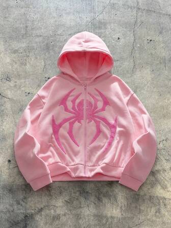 AXEPEAK Street Casual 3D Embroidered Spider Element Zip-Up Hoodie Sweatshirt, Short Style Men, Long Sleeve Top