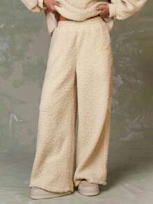 Athîral 2025 冬季新款保暖内衬裤 - Off Piste 标语泰迪熊抓绒慢跑裤，蓬松裤，阔腿运动裤，保暖舒适的运动休闲裤，宽松女裤，适合女性健身、滑雪和圣诞假期冬季穿着。 - 米色 - 查看 2