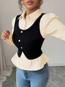 SHEIN Elenzya Áo thun nữ 2 trong 1 kẻ sọc chắp vá cài nút phía trước, mùa thu - Màu vàng - Xem 3