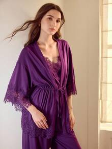 MOTF PREMIUM ELEGANT COMFORTABLE CONTRAST LACE ROBE - Purple - View 4