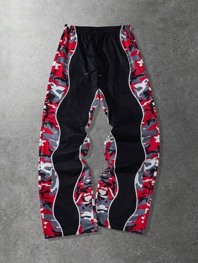 ROMWE MEN Street Life Pantalones casuales para hombres con cintura con cordón y estampado de camuflaje de color contrastante, para todas las estaciones