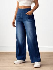 Flexra Celana Jeans Wanita Pinggang Tinggi dengan Kantong, Potongan Lebar, Longgar, Kasual, Serbaguna - Medium Wash - View 5